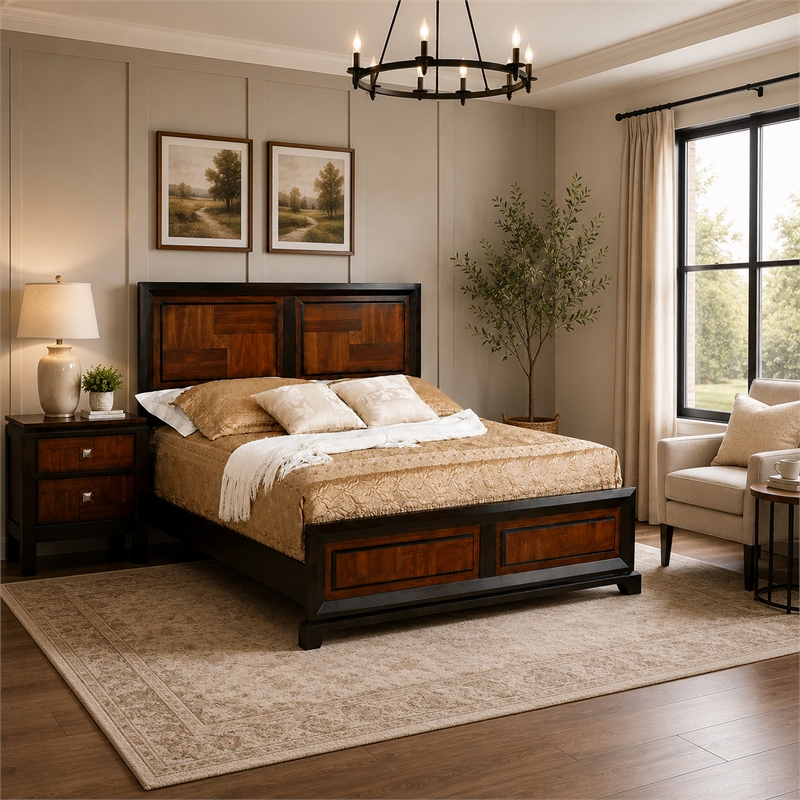 Queen Bedroom Set- Brown Wood- 2 Piece Set with Nightstand