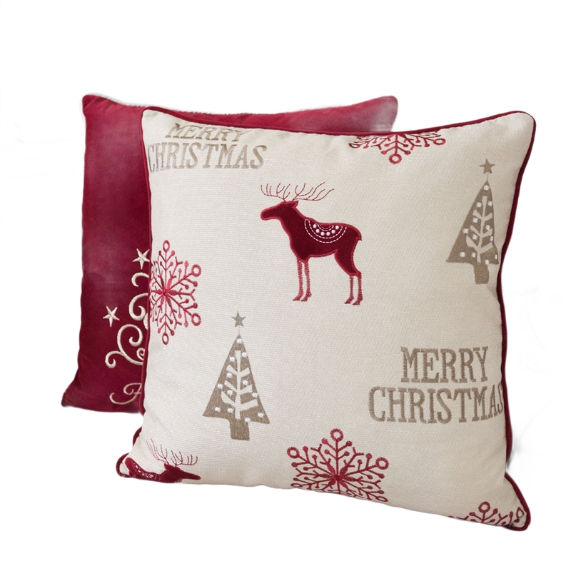 Merry Christmas Throw Pillow Cover Red Reindeer- Off White Linen 20in Square