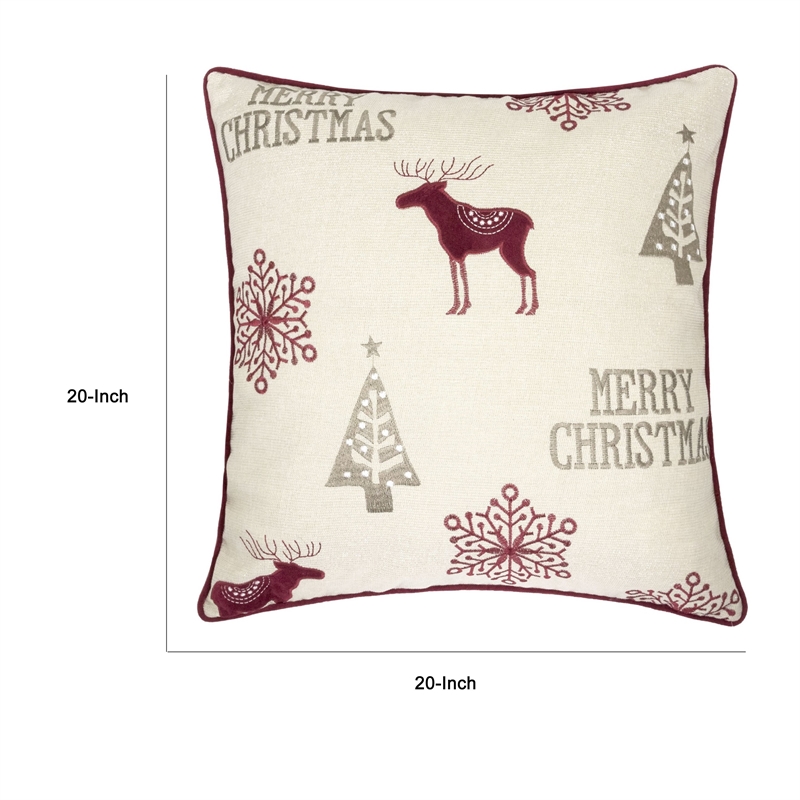 Merry Christmas Throw Pillow Cover Red Reindeer- Off White Linen 20in Square