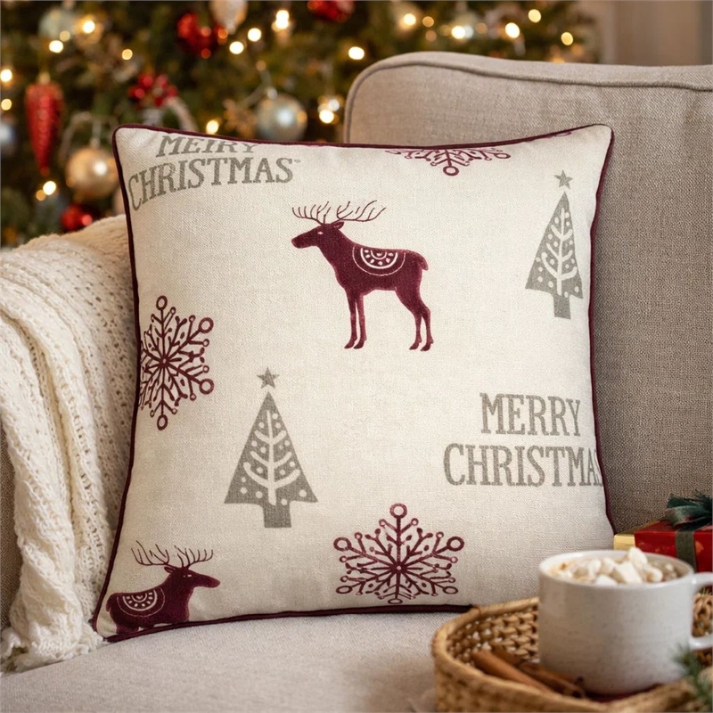Merry Christmas Throw Pillow Cover Red Reindeer- Off White Linen 20in Square
