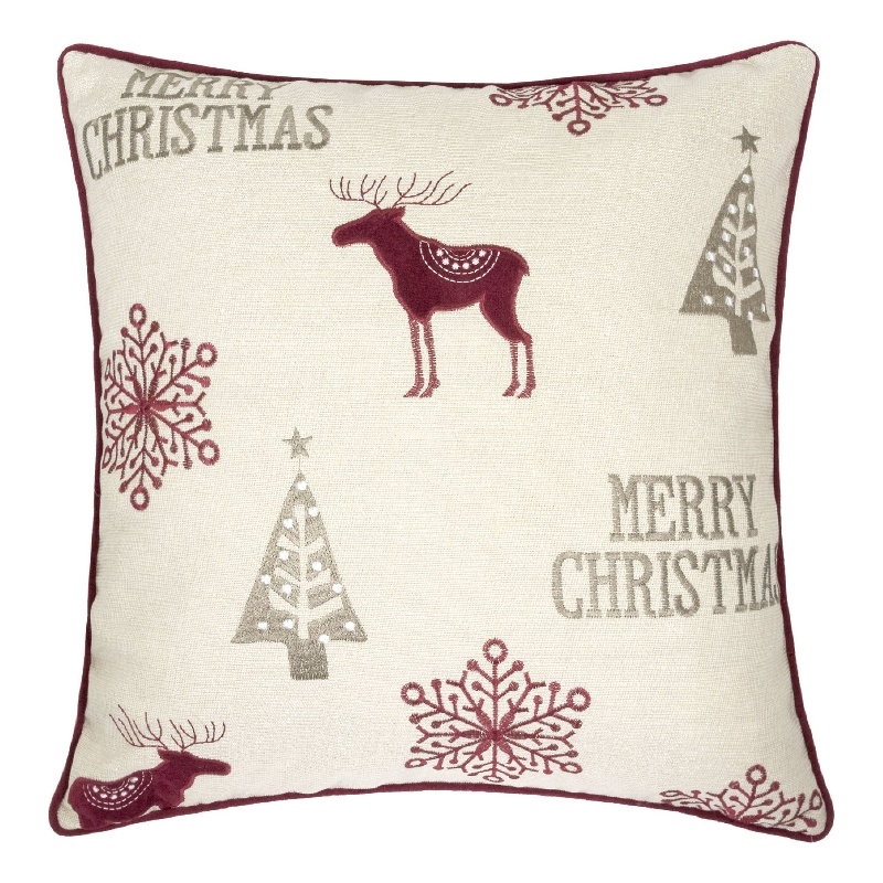 Merry Christmas Throw Pillow Cover Red Reindeer- Off White Linen 20in Square