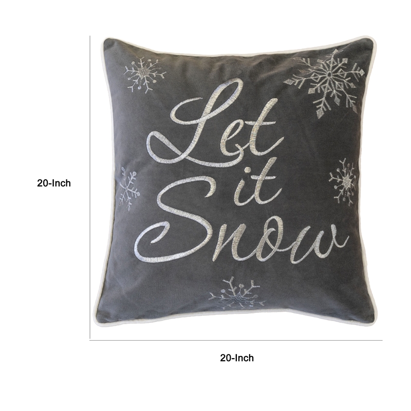 Rola Square Throw Pillow- Let It Snow Embroidery- Gray Cotton 20 Inch