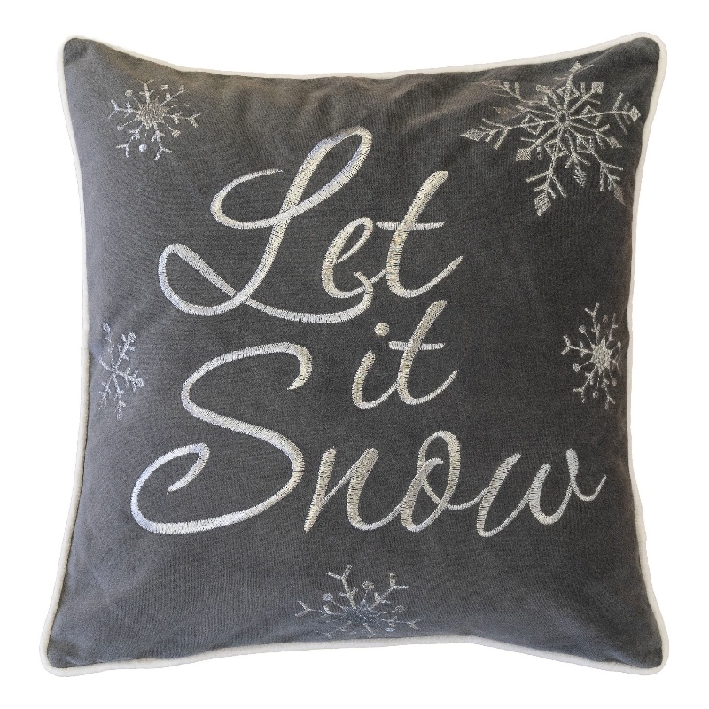 Rola Square Throw Pillow- Let It Snow Embroidery- Gray Cotton 20 Inch