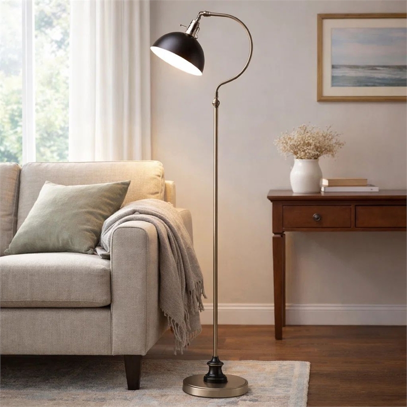 Floor Lamp- Gooseneck Arm and Adjustable Head- Nickel- Black Metal