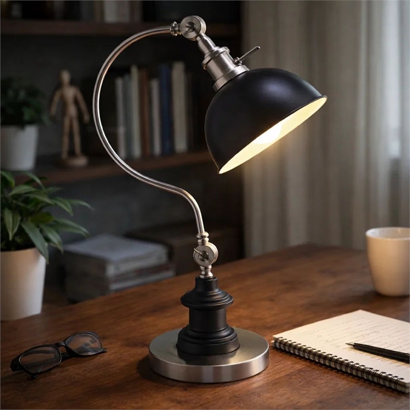 Table Lamp- Gooseneck Arm and Adjustable Head- Nickel- Black Metal