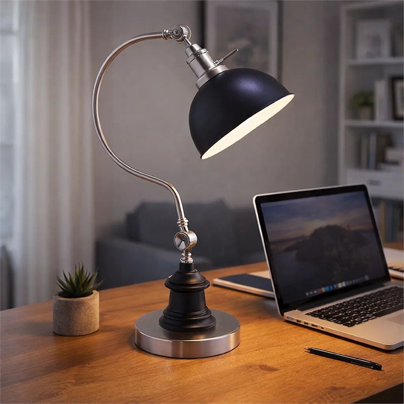 Table Lamp- Gooseneck Arm and Adjustable Head- Nickel- Black Metal
