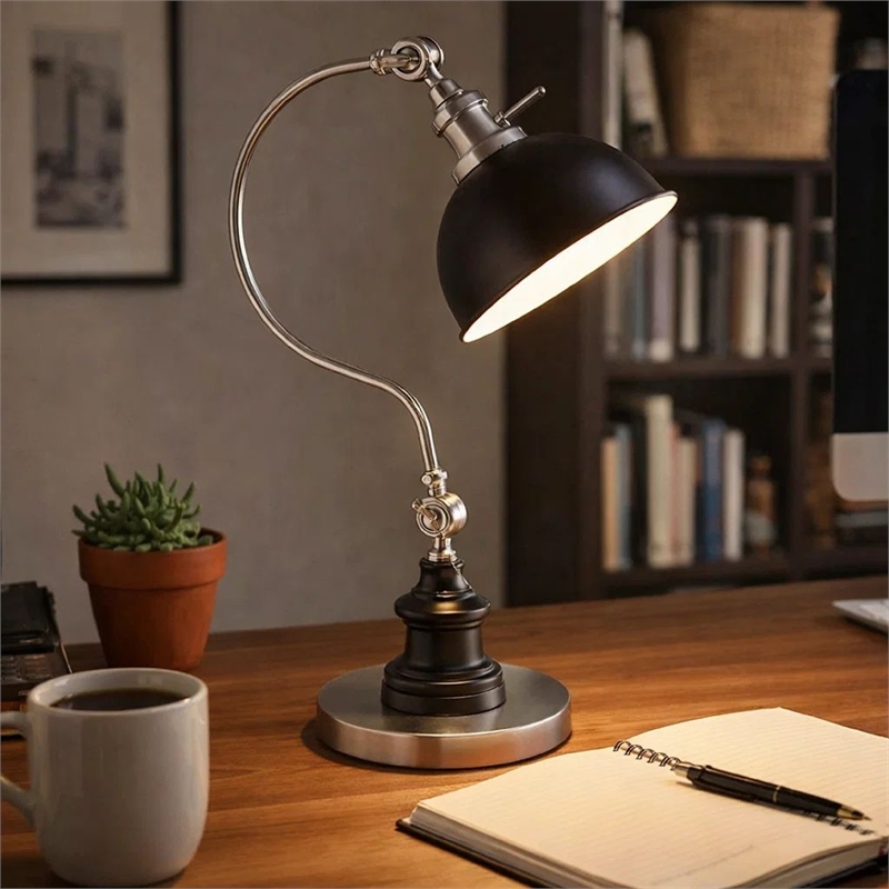Table Lamp- Gooseneck Arm and Adjustable Head- Nickel- Black Metal