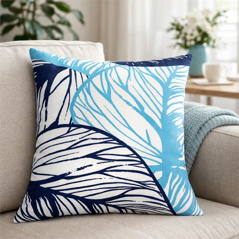 Gey Outdoor Throw Pillow Cover- Blue White Leaf Vein Pattern- 20 Inch Square