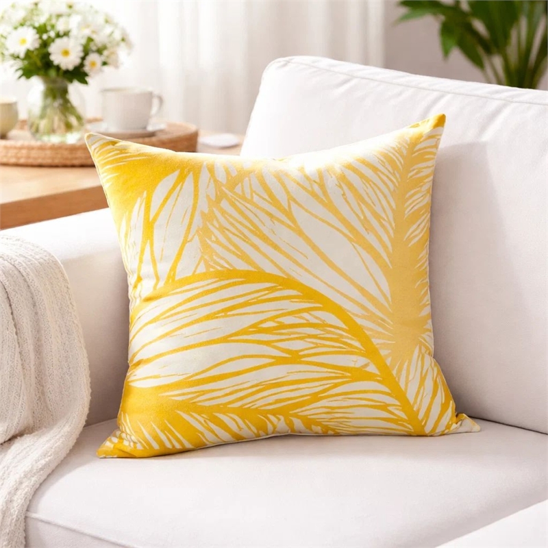 Gey Throw Pillow Cover- Outdoor Yellow Cover and White Leaf 20 Inch Square