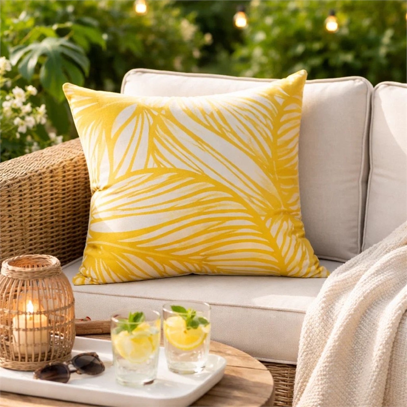 Gey Throw Pillow Cover- Outdoor Yellow Cover and White Leaf 20 Inch Square
