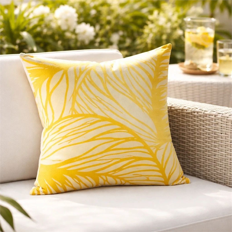 Gey Throw Pillow Cover- Outdoor Yellow Cover and White Leaf 20 Inch Square