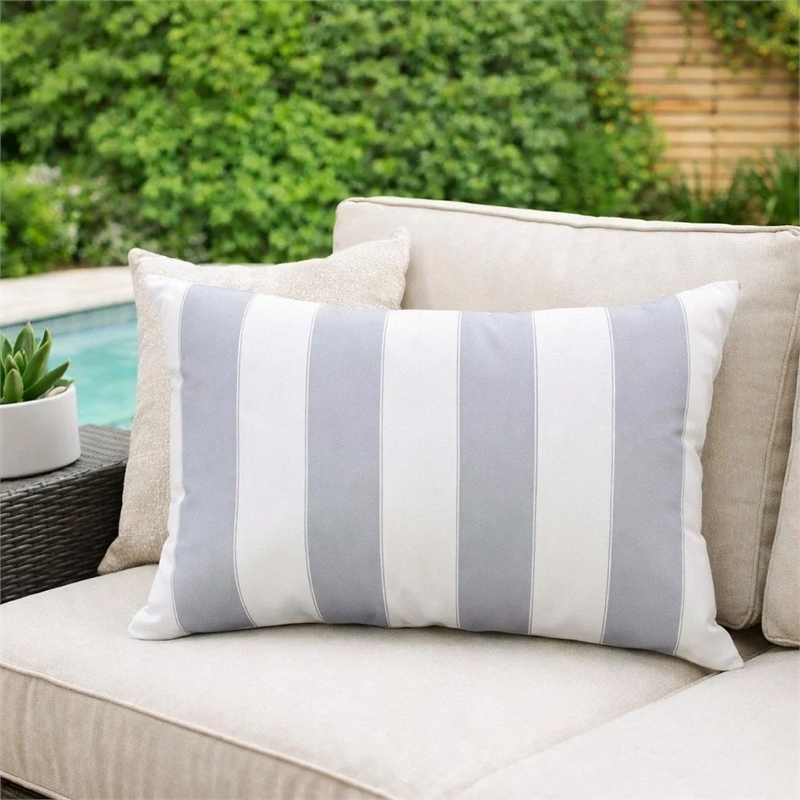 Keo Outdoor Lumbar Pillow- Wide Silver and White Horizontal Stripes- 14x20