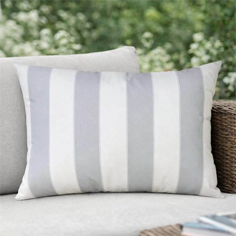 Keo Outdoor Lumbar Pillow- Wide Silver and White Horizontal Stripes- 14x20