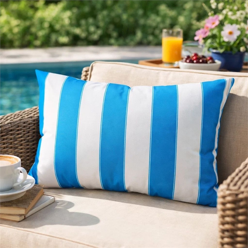 Keo Outdoor Lumbar Throw Pillow Cover- Blue and White Wide Stripes- 14x20