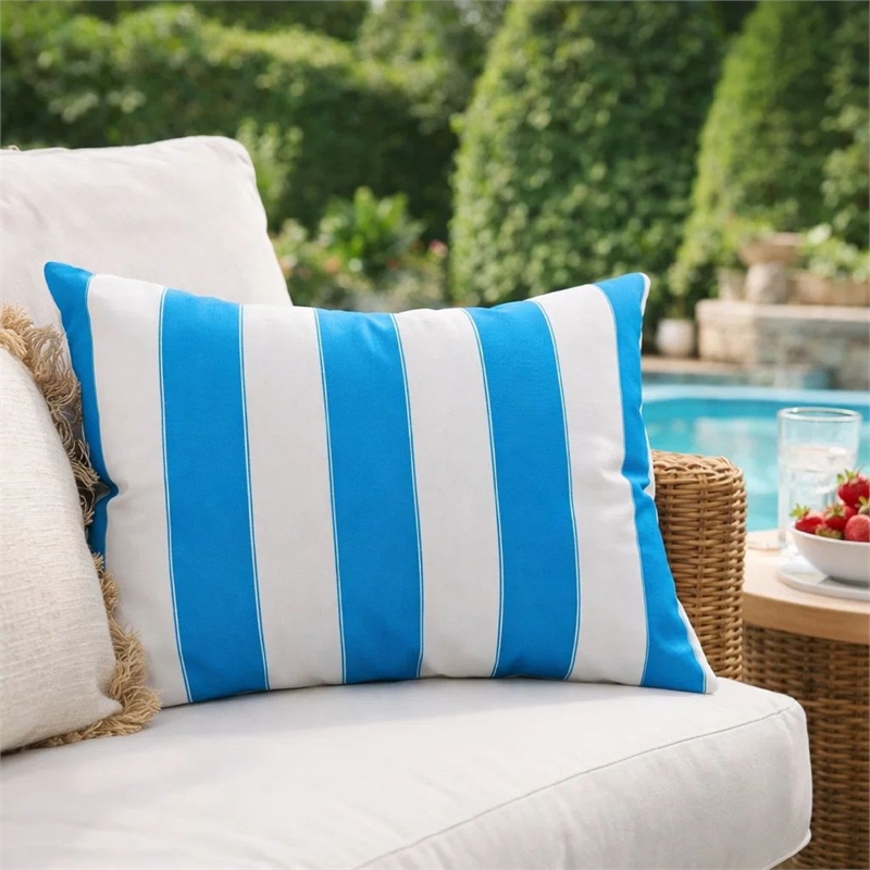 Keo Outdoor Lumbar Throw Pillow Cover- Blue and White Wide Stripes- 14x20