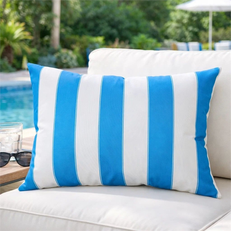 Keo Outdoor Lumbar Throw Pillow Cover- Blue and White Wide Stripes- 14x20