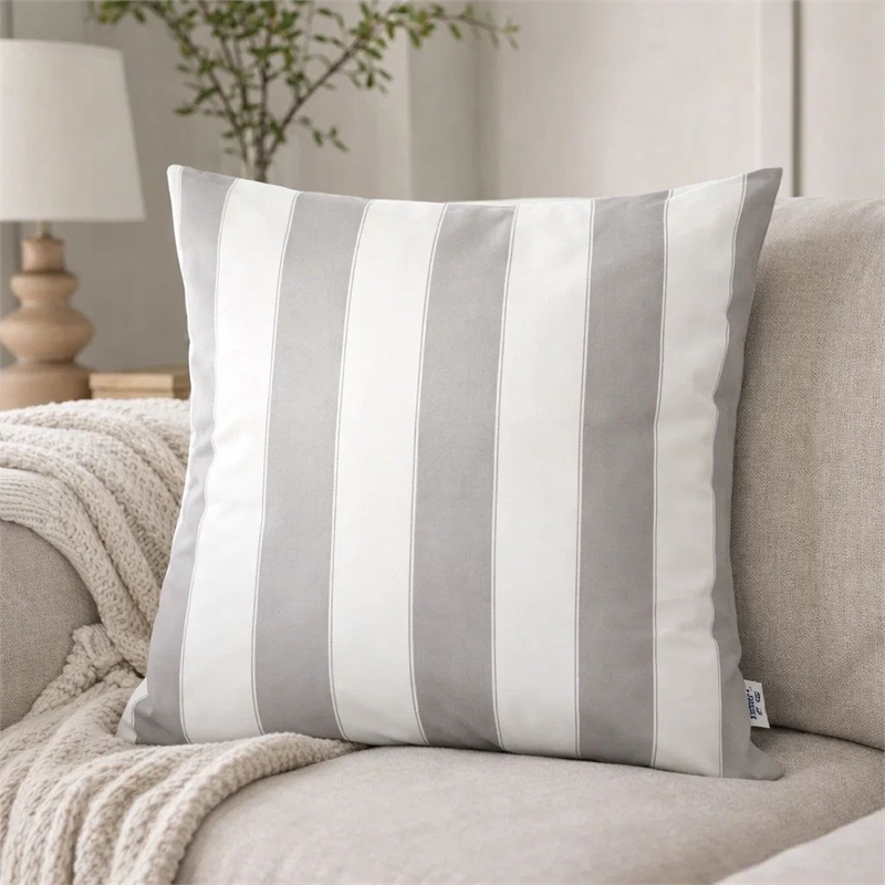 Keo Outdoor Throw Pillow Cover- Silver White Wide Stripes- 20 Inch Square