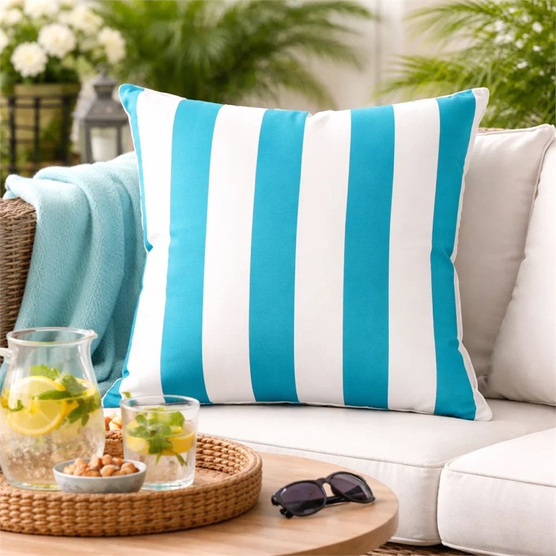 Keo Outdoor Throw Pillow- Aqua Blue- White Stripes- 20 Inch Square
