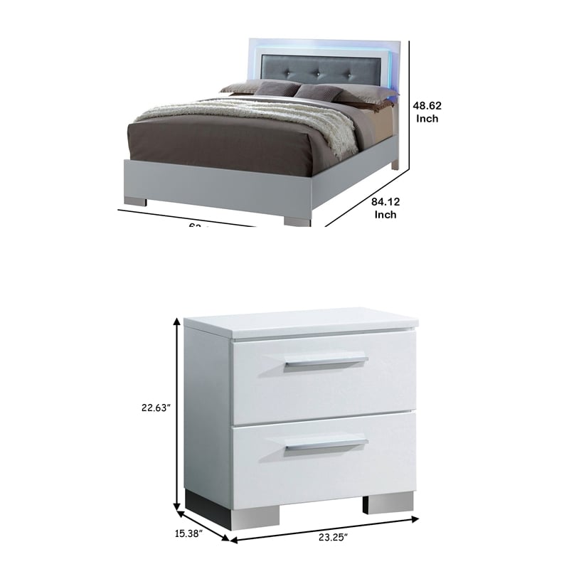 Queen Bedroom Set in White & Black Wood- 2 Piece Set with Nightstand