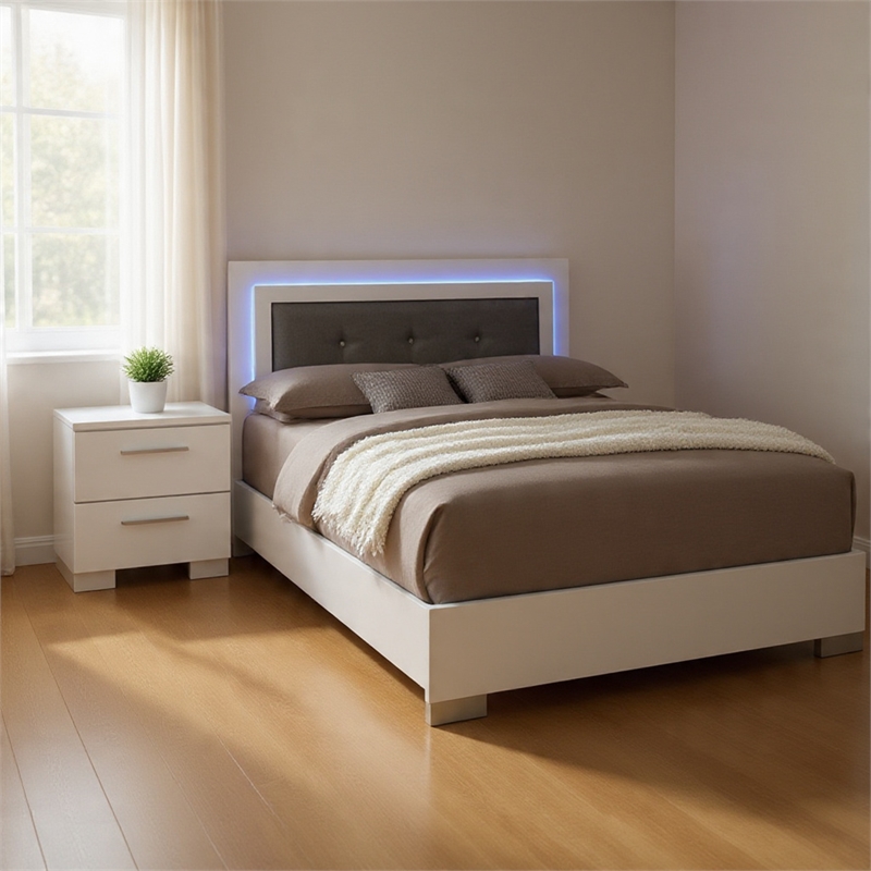 Queen Bedroom Set in White & Black Wood- 2 Piece Set with Nightstand
