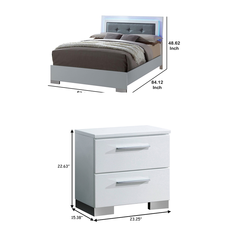 Queen Bedroom Set in White & Black Wood -3 Piece Set with 2 Nightstands