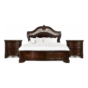 Queen Bedroom Set in Brown Cherry & Gold Wood- 3 Piece Set with 2 Nightstands