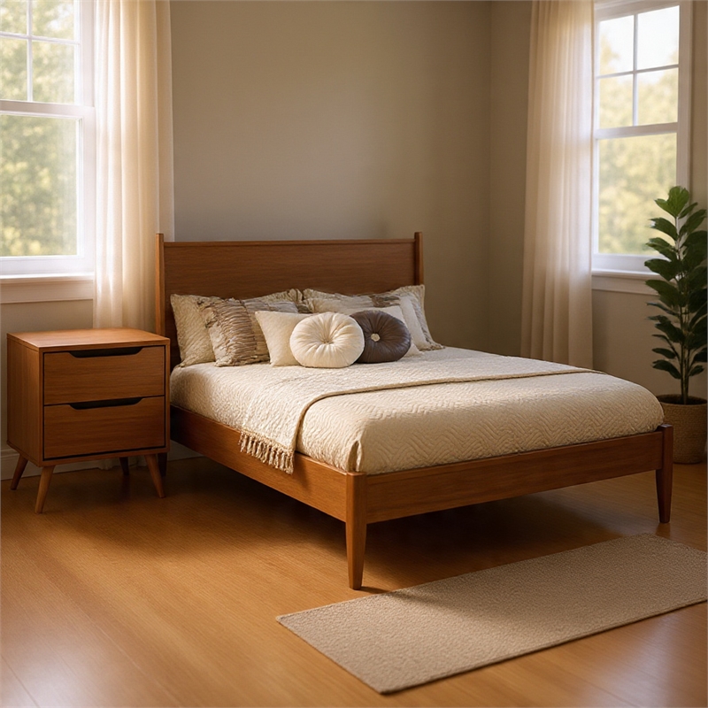 Queen Bedroom Set in Oak Brown Wood - 2 Piece Set with Nightstand