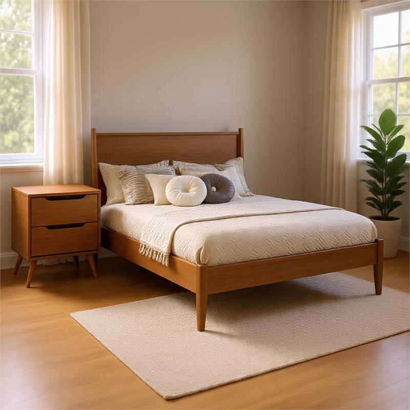 Queen Bedroom Set in Oak Brown Wood - 2 Piece Set with Nightstand