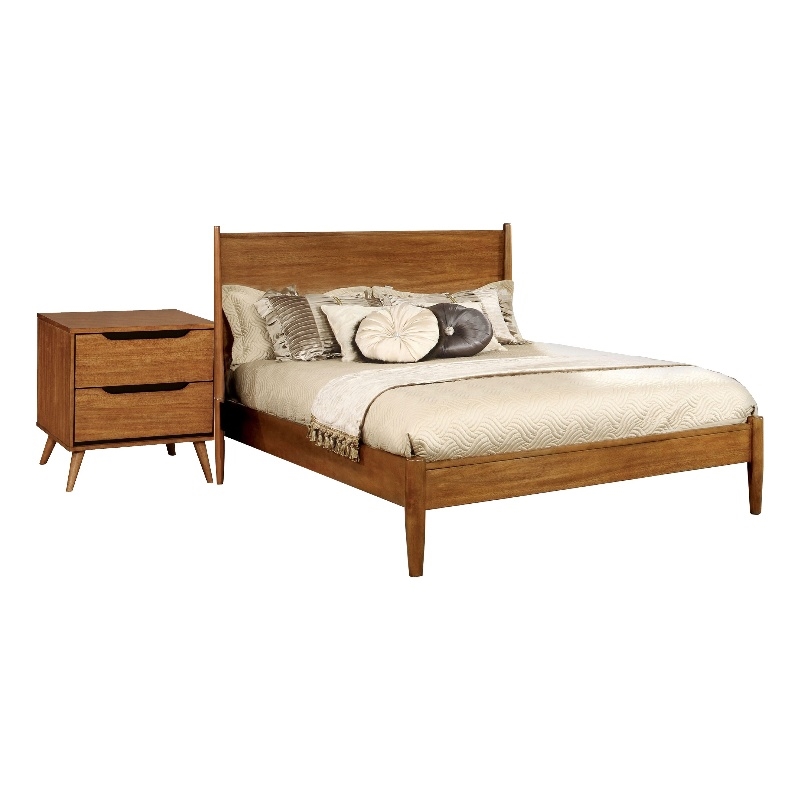 Queen Bedroom Set in Oak Brown Wood - 2 Piece Set with Nightstand