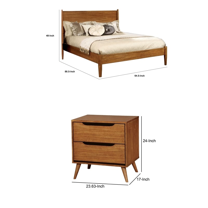 Queen Bedroom Set in Oak Brown Wood - 3 Piece Set with 2 Nightstands