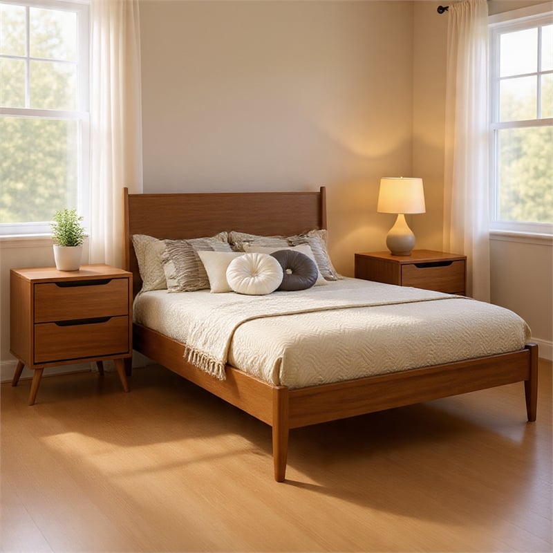 Queen Bedroom Set in Oak Brown Wood - 3 Piece Set with 2 Nightstands