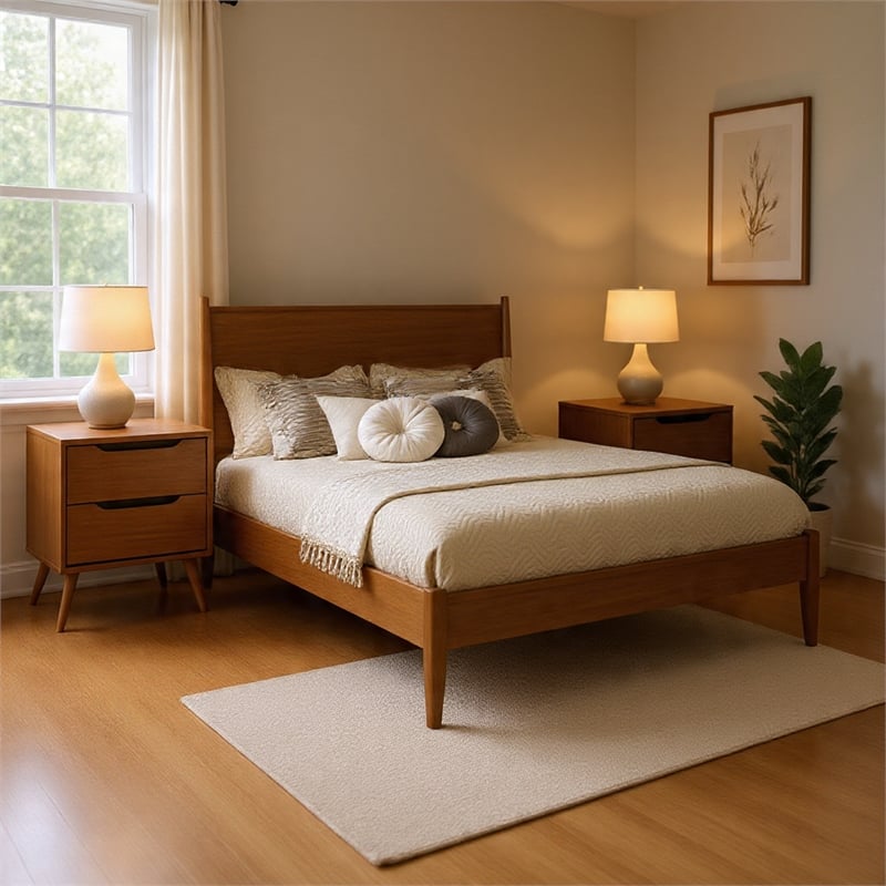 Queen Bedroom Set in Oak Brown Wood - 3 Piece Set with 2 Nightstands