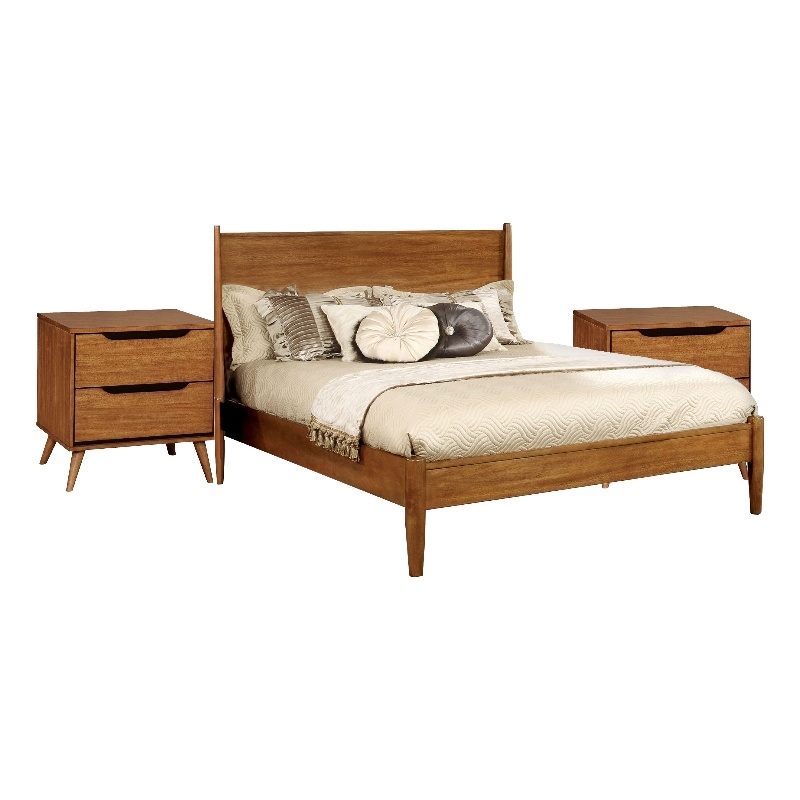 Queen Bedroom Set in Oak Brown Wood - 3 Piece Set with 2 Nightstands