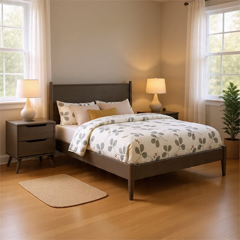 Queen Bedroom Set in Gray Wood - 2 Piece Set with Nightstand