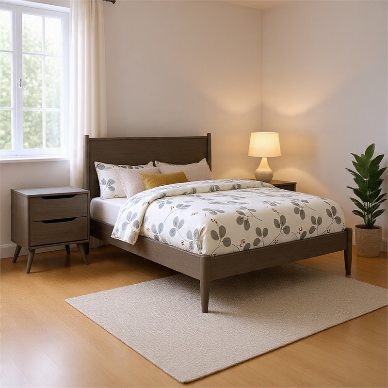 Queen Bedroom Set in Gray Wood - 2 Piece Set with Nightstand
