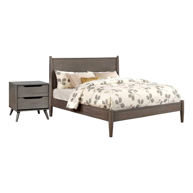 Queen Bedroom Set in Gray Wood - 2 Piece Set with Nightstand