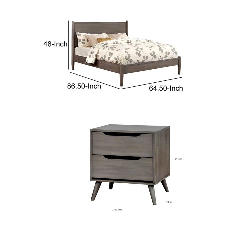 Queen Bedroom Set in Gray Wood - 3 Piece Set with 2 Nightstands