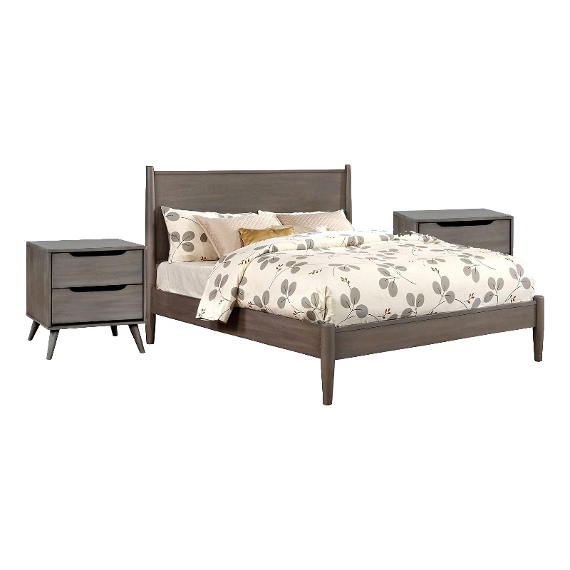 Queen Bedroom Set in Gray Wood - 3 Piece Set with 2 Nightstands