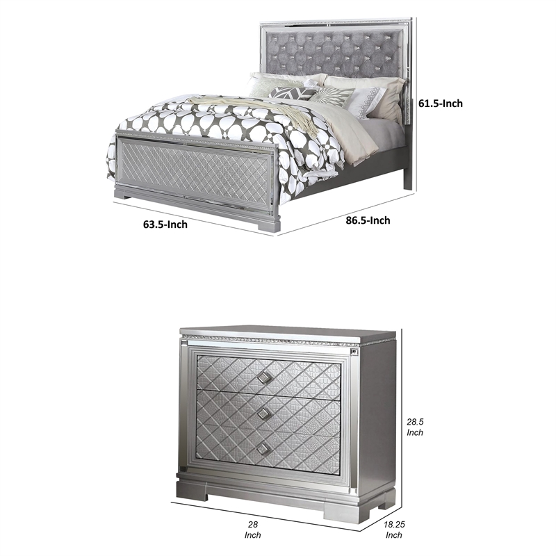 2-Piece Queen Bedroom Set - Silver Finish Bed & Matching Nightstand
