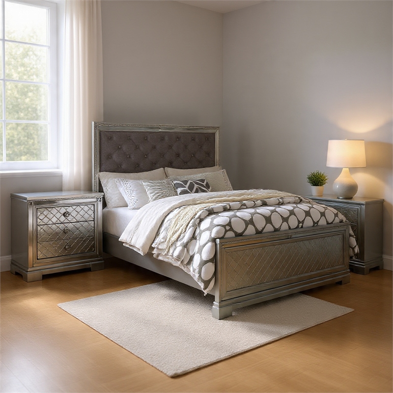 2-Piece Queen Bedroom Set - Silver Finish Bed & Matching Nightstand
