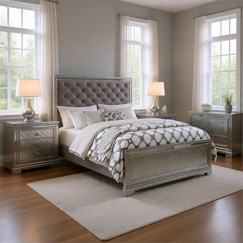2-Piece Queen Bedroom Set - Silver Finish Bed & Matching Nightstand