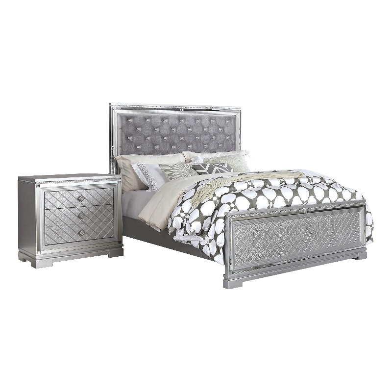 2-Piece Queen Bedroom Set - Silver Finish Bed & Matching Nightstand