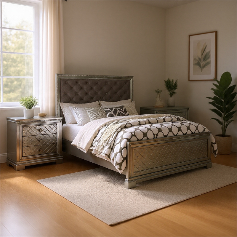3-Piece Queen Bedroom Set - Silver Finish Bed & Matching Nightstand