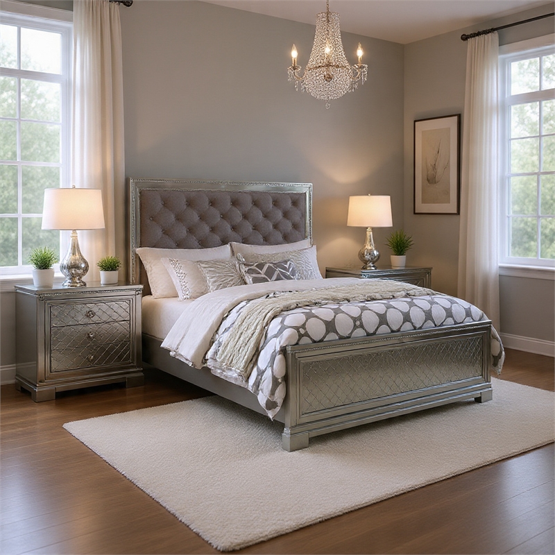 3-Piece Queen Bedroom Set - Silver Finish Bed & Matching Nightstand