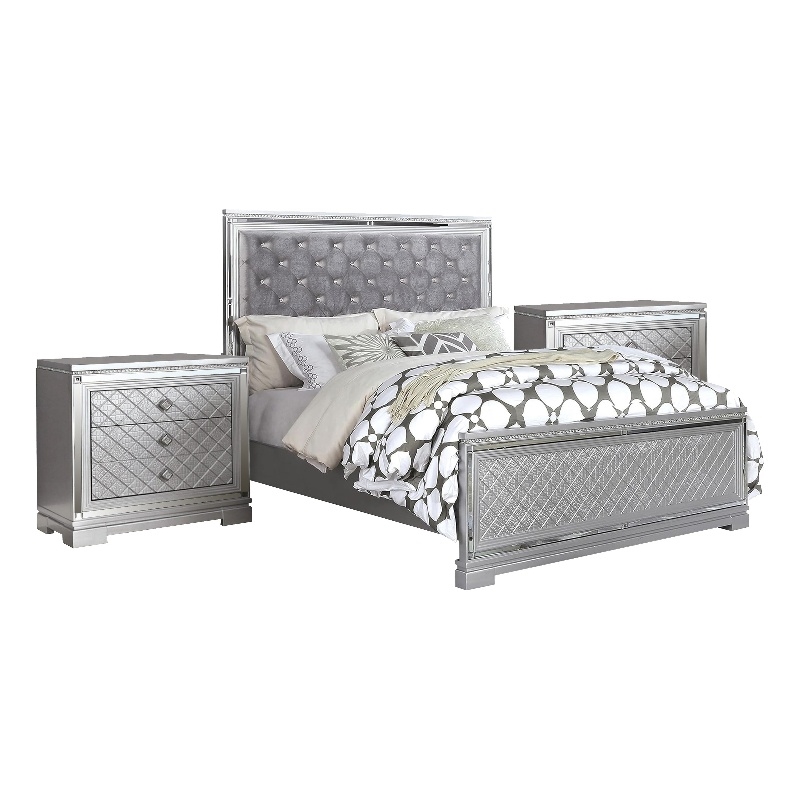 3-Piece Queen Bedroom Set - Silver Finish Bed & Matching Nightstand