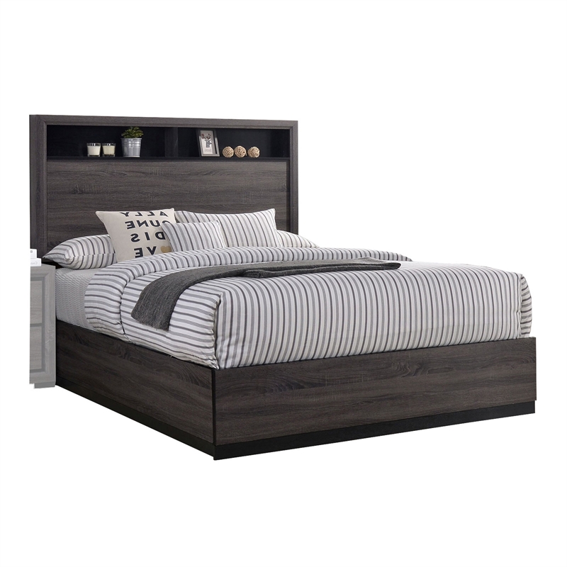 Queen Bedroom Set in Gray & Black Wood - 2 Piece Set with Nightstand