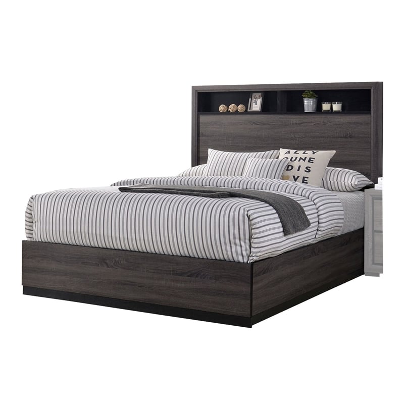 Queen Bedroom Set in Gray & Black Wood - 2 Piece Set with Nightstand