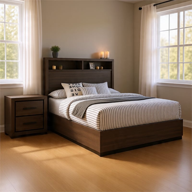 Queen Bedroom Set in Gray & Black Wood - 2 Piece Set with Nightstand