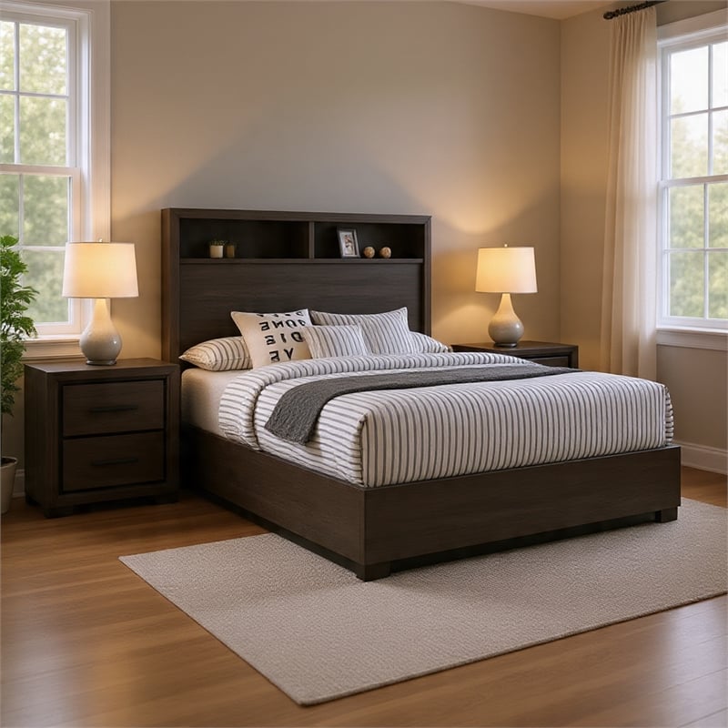 Queen Bedroom Set in Gray & Black Wood - 2 Piece Set with Nightstand