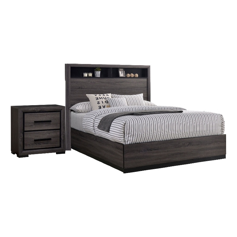 Queen Bedroom Set in Gray & Black Wood - 2 Piece Set with Nightstand